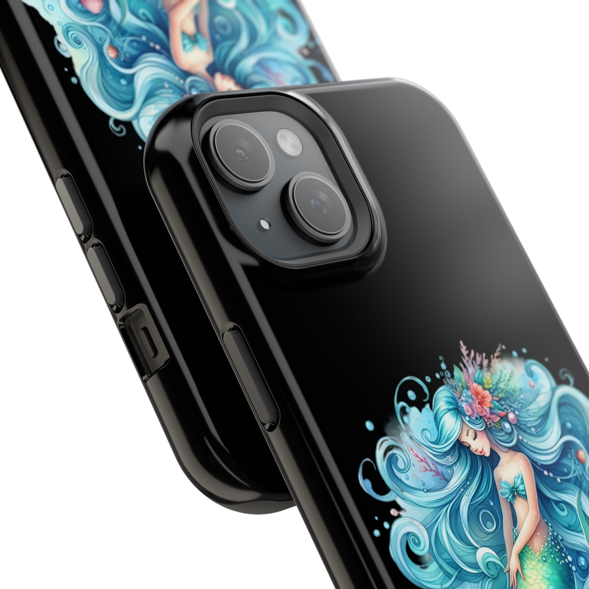 Sleepy Mermaid & Shells Black Phone Case – Matte or Glossy Finish