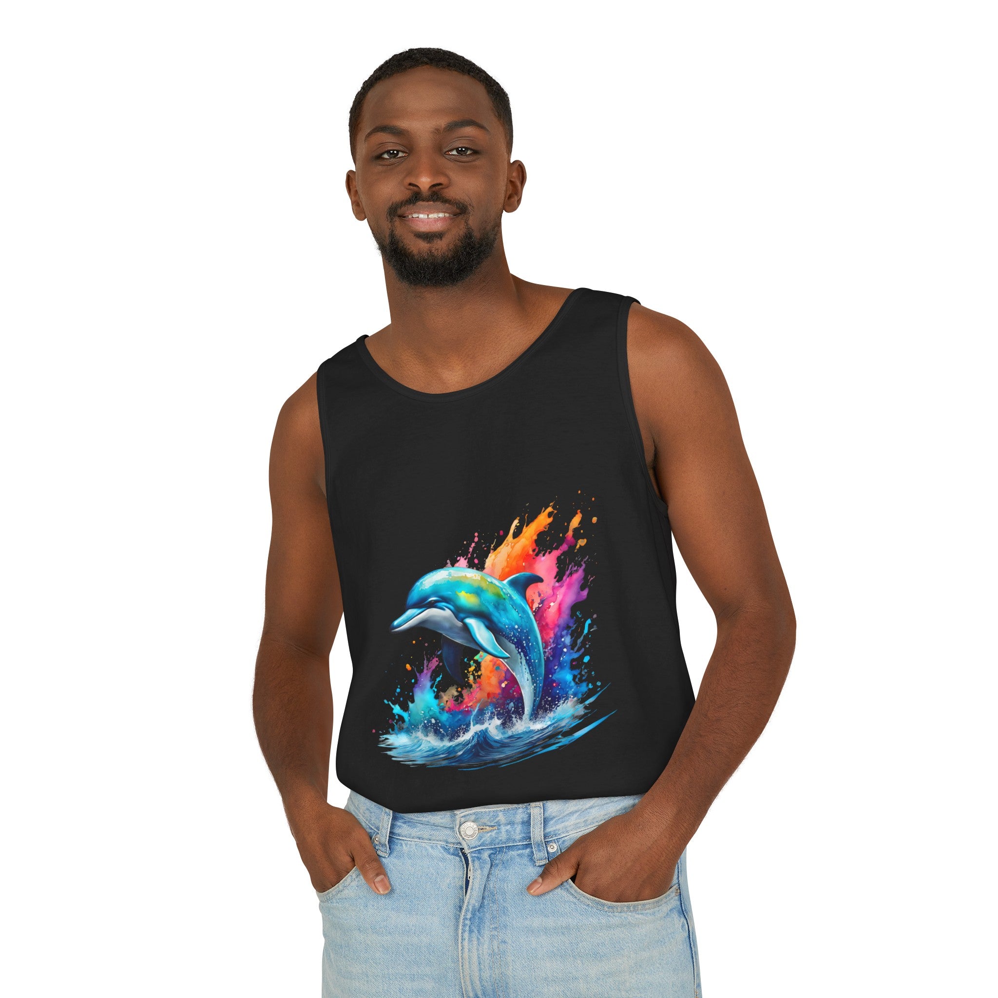 Colorful Dolphin Black Tank Top – Unisex Garment-Dyed Comfort