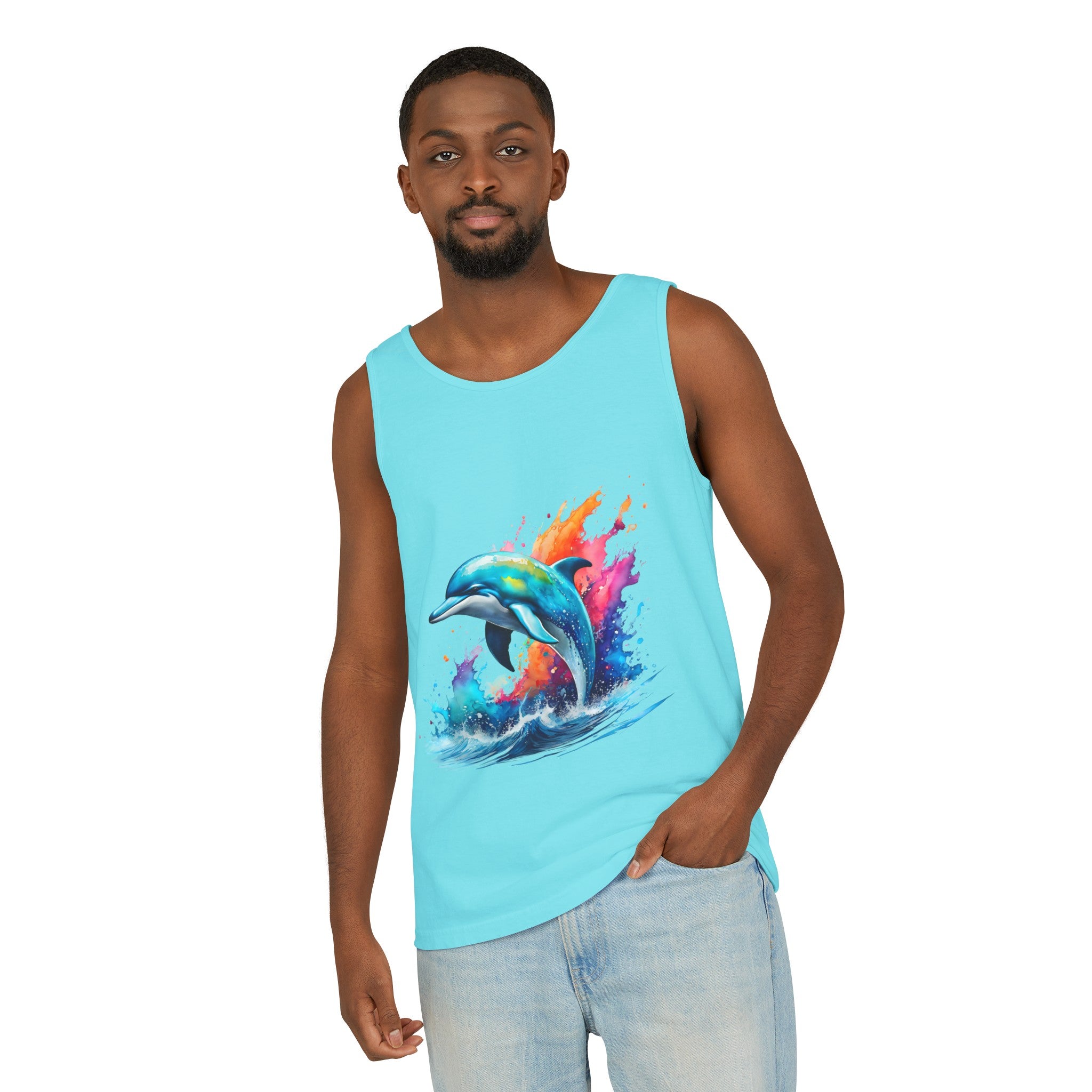 Colorful Dolphin Black Tank Top – Unisex Garment-Dyed Comfort