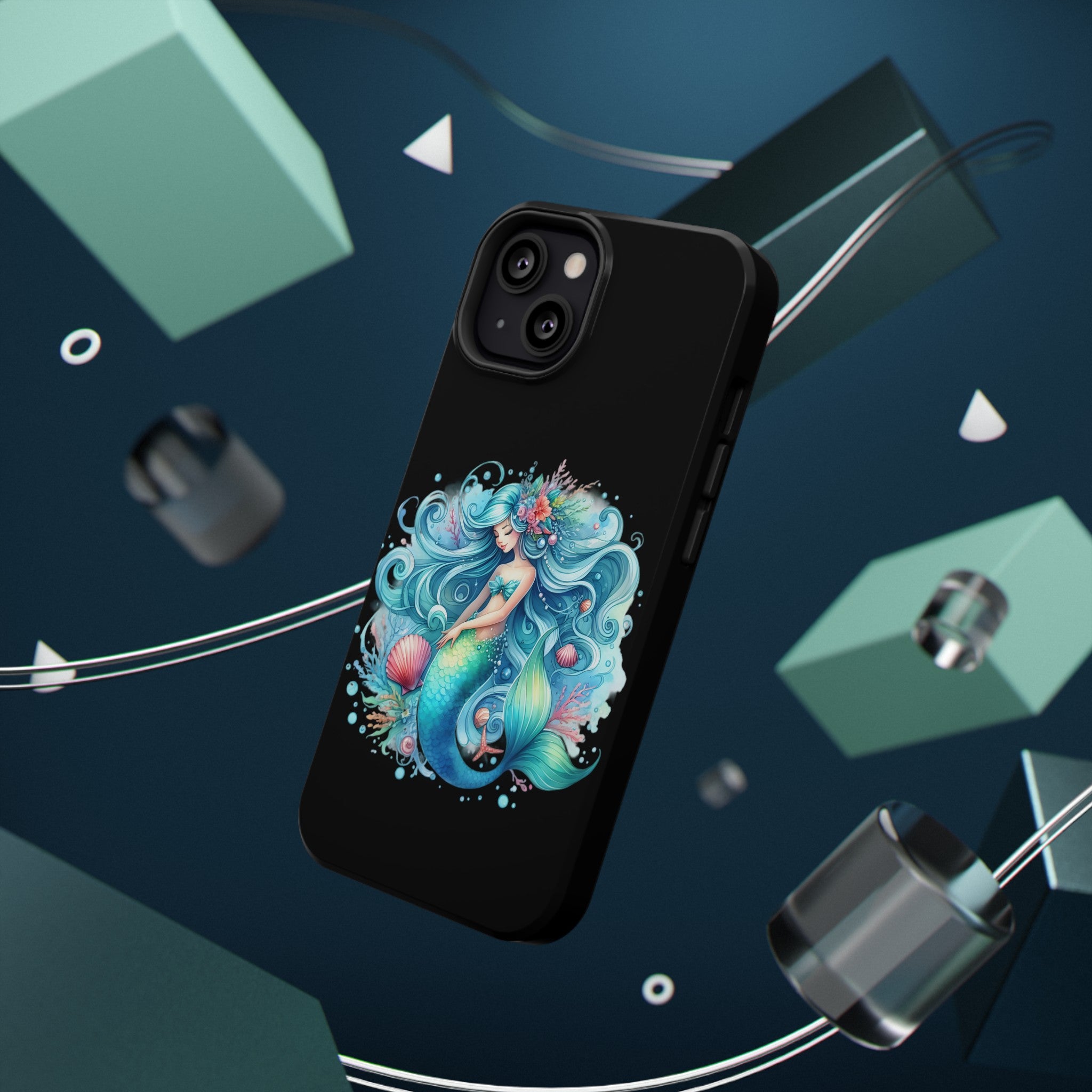 Sleepy Mermaid & Shells Black Phone Case – Matte or Glossy Finish