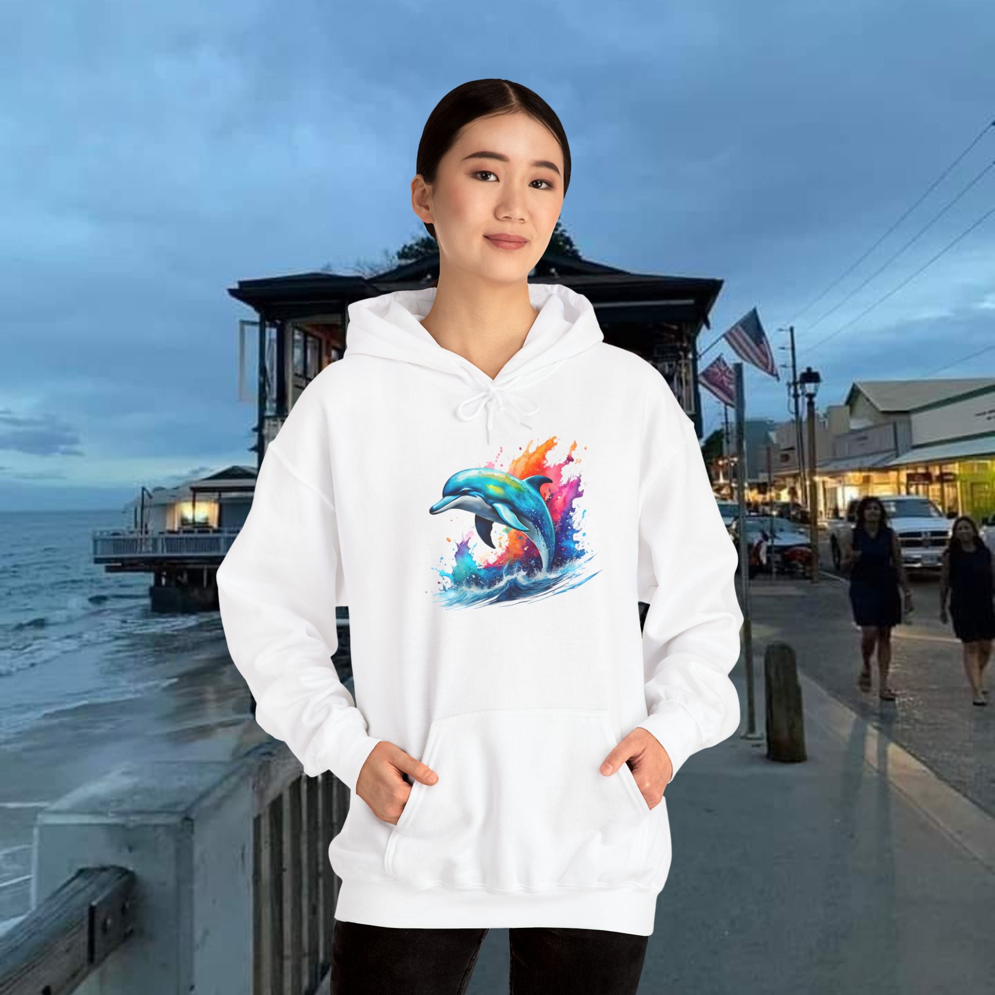 Rainbow Dolphin Hooded Sweatshirt Unisex Heavy Blend