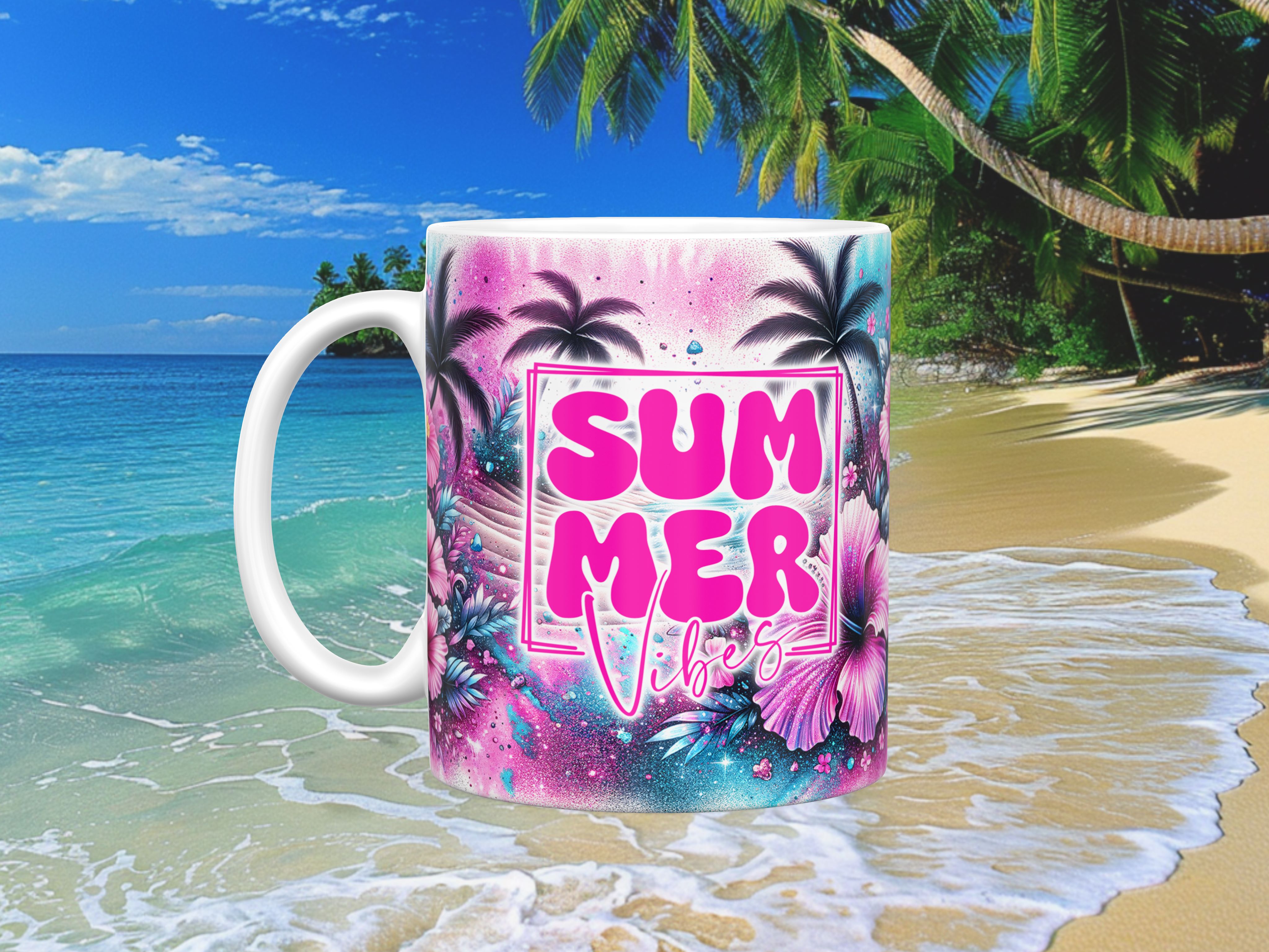 Summer Vibes Pink & Purple Beach Ceramic Mug (11oz, 15oz)