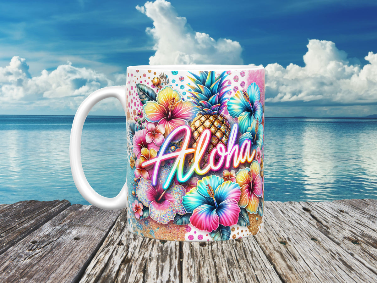 Bright Flowers Fruits Aloha Ceramic Mug, (11oz, 15oz)